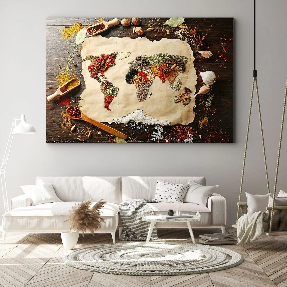 Bild auf Leinwand - Leinwandbild - Eine Weltkarte aus Gewürzen auf einem hölzernen Hintergrund. - 70x50cm - Alle Aromen der Welt - Moderne Wanddekoration für Wohnzimmer und Schlafzimmer ARTTOR