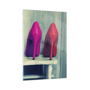 Glasbild - Bild auf glas - Bunte High Heels vor einer Holzwand - 80x120cm - Spazierengehen auf dem Regenbogen - Moderne Wanddekoration für Wohnzimmer und Schlafzimmer ARTTOR