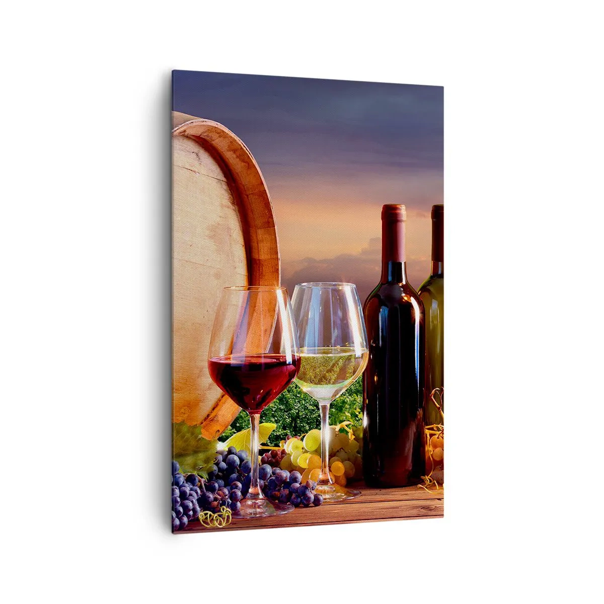 Bild auf Leinwand - Leinwandbild - Wein, Gläser und ein Fass in einer malerischen Landschaft - 80x120cm - Hier schmeckt das Leben - Moderne Wanddekoration für Wohnzimmer und Schlafzimmer ARTTOR