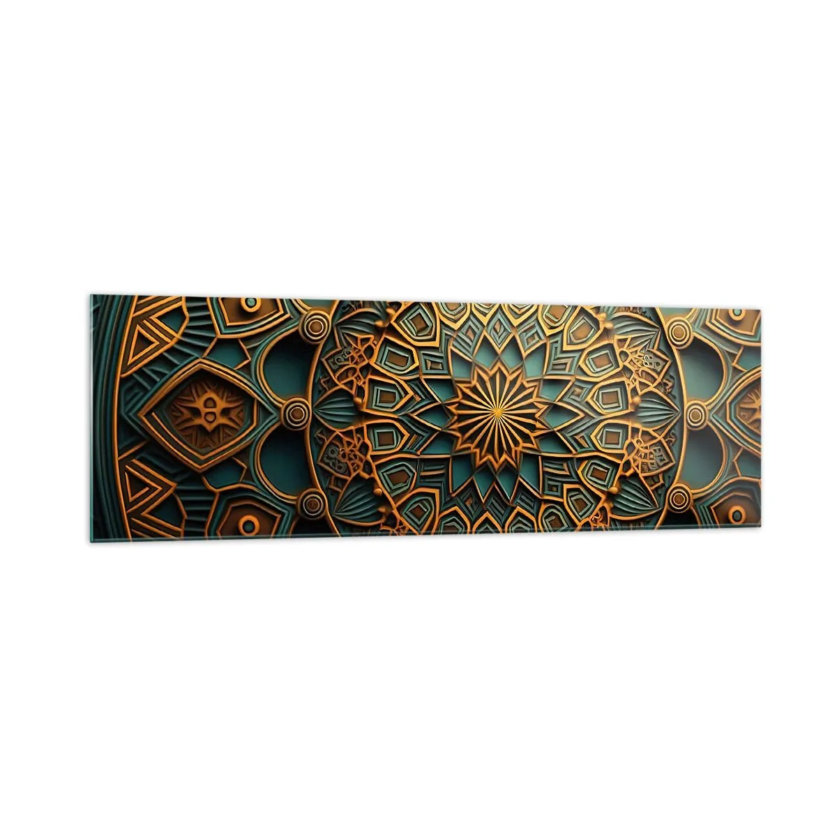 Glasbild - Bild auf glas - Ein goldenes Mandala auf türkisfarbenem Hintergrund mit vielen Details. - 160x50cm - In arabischer Atmosphäre - Moderne Wanddekoration für Wohnzimmer und Schlafzimmer ARTTOR
