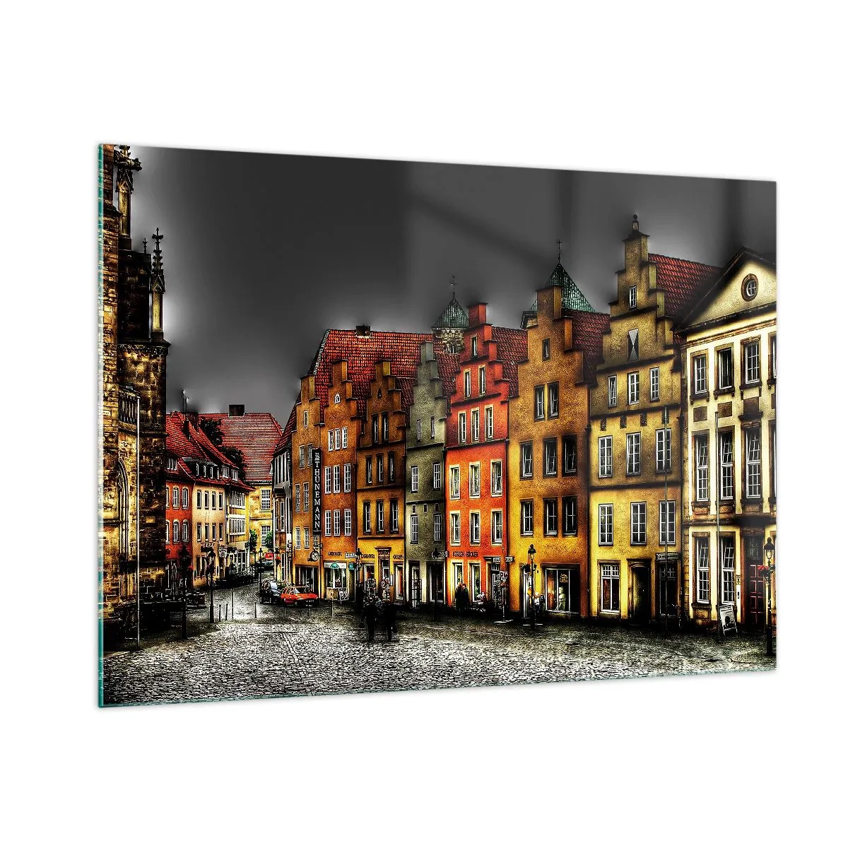 Glasbild - Bild auf glas - Bunte Mietshäuser vor dem Hintergrund eines bewölkten Himmels - 100x70cm - Es fehlt nur noch ein verzaubertes Taxi - Moderne Wanddekoration für Wohnzimmer und Schlafzimmer ARTTOR