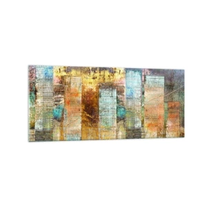 Glasbild - Bild auf glas - Abstrakte Wolkenkratzer im Industriestil - 120x50cm - Sonnige Metropole - Moderne Wanddekoration für Wohnzimmer und Schlafzimmer ARTTOR