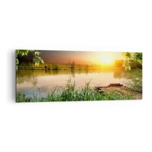 Bild auf Leinwand - Leinwandbild - Grüne Landschaft mit einem See bei Sonnenuntergang - 140x50cm - Landschaft in einem grünen Rahmen - Moderne Wanddekoration für Wohnzimmer und Schlafzimmer ARTTOR