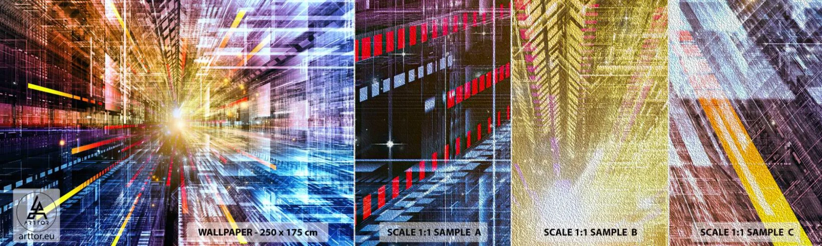 Fototapeten Muster Premium Sand - Leuchtender Korridor - Abstraktion, Grafik, 3D - 100x30 cm