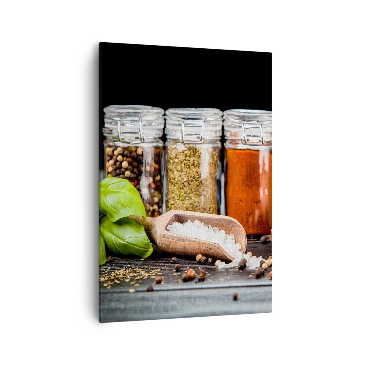 Bild auf Leinwand - Leinwandbild - Kräuter und Gewürze in Gläsern auf dunklem Hintergrund - 70x100cm - Für einen Geschmack des Lebens - Moderne Wanddekoration für Wohnzimmer und Schlafzimmer ARTTOR