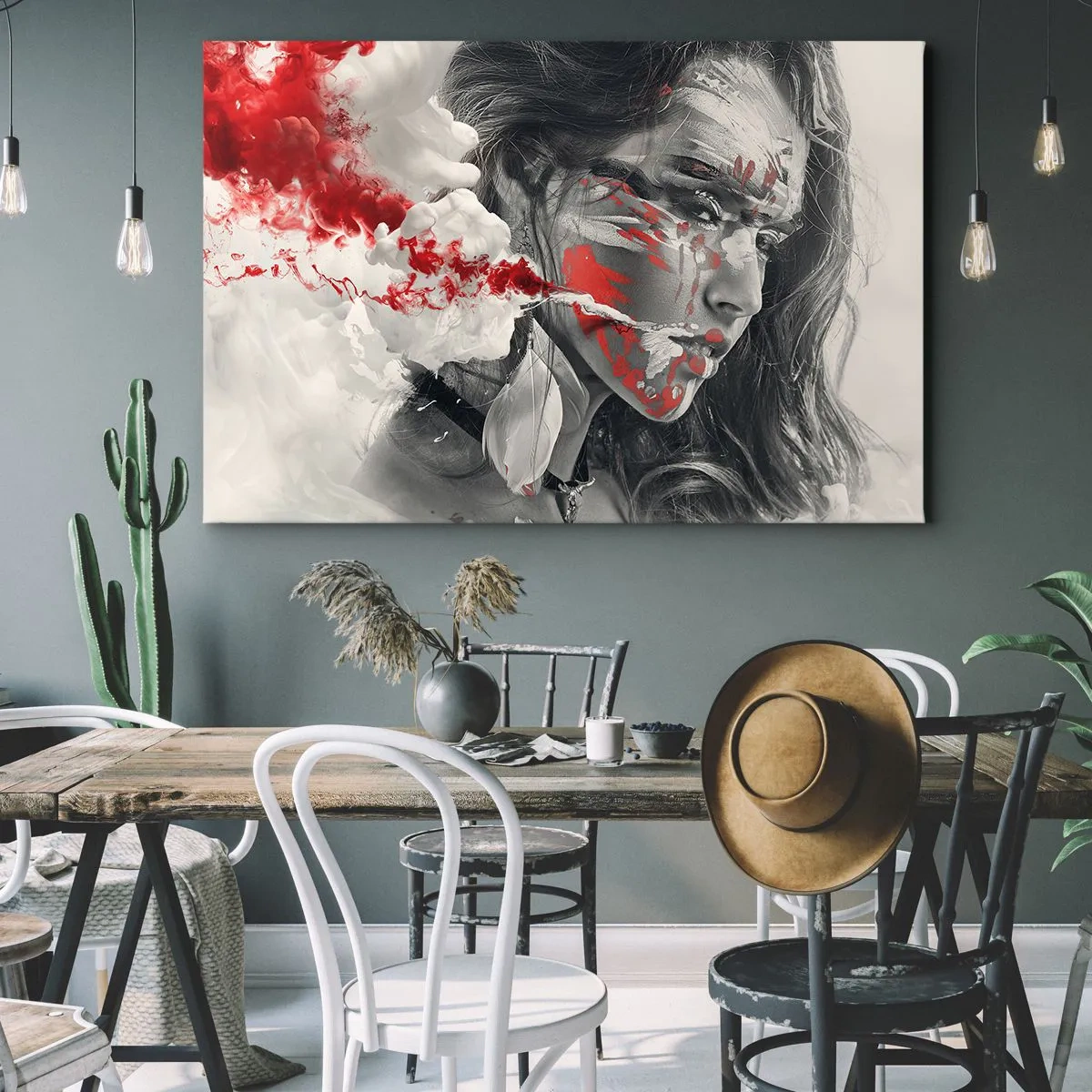 Bild auf Leinwand - Leinwandbild - Künstlerisches Frauenportrait mit abstrakten roten Akzenten - 70x50cm - Im Dunst der Absurdität - Moderne Wanddekoration für Wohnzimmer und Schlafzimmer ARTTOR