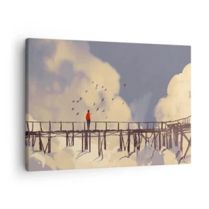 Bild auf Leinwand - Leinwandbild - Eine Figur auf einer Brücke zwischen Wolken mit Vögeln am Himmel - 70x50cm - Blaue Sehnsucht - Moderne Wanddekoration für Wohnzimmer und Schlafzimmer ARTTOR