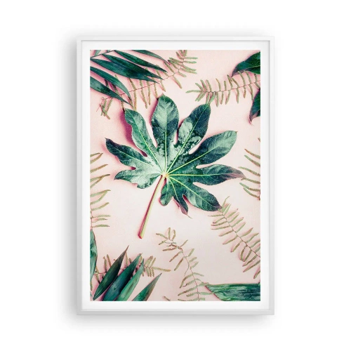 Poster in einem weißen Rahmen - Eine Studie von Grün auf einem rosa Hintergrund - 70x100 cm