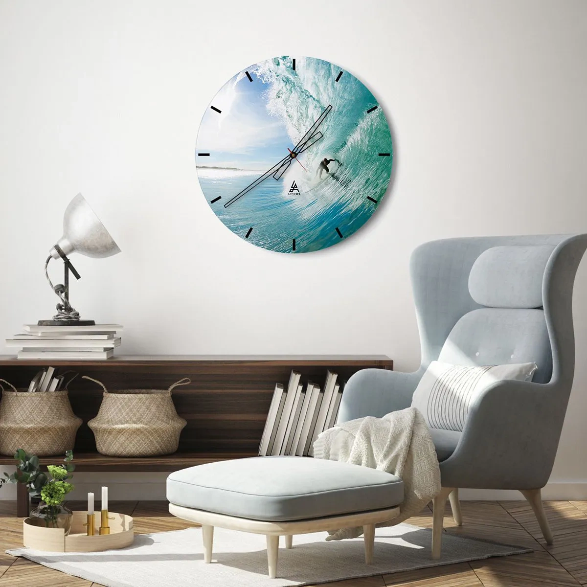 Wanduhr - Glasuhr - Surfer in einem Wassertunnel vor blauem Himmel - 30x30cm - Immer Top - Moderne Wanddekoration für Wohnzimmer, Küche und Schlafzimmer ARTTOR