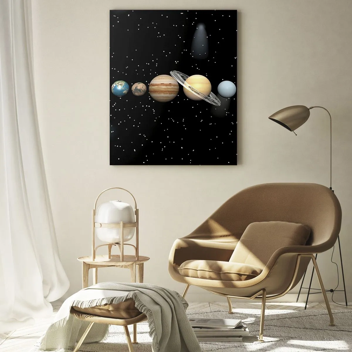 Glasbild - Bild auf glas - Das Sonnensystem vor dem Hintergrund der Sterne im Weltraum - 50x70cm - Und die Planeten werden verrückt und toben ... - Moderne Wanddekoration für Wohnzimmer und Schlafzimmer ARTTOR