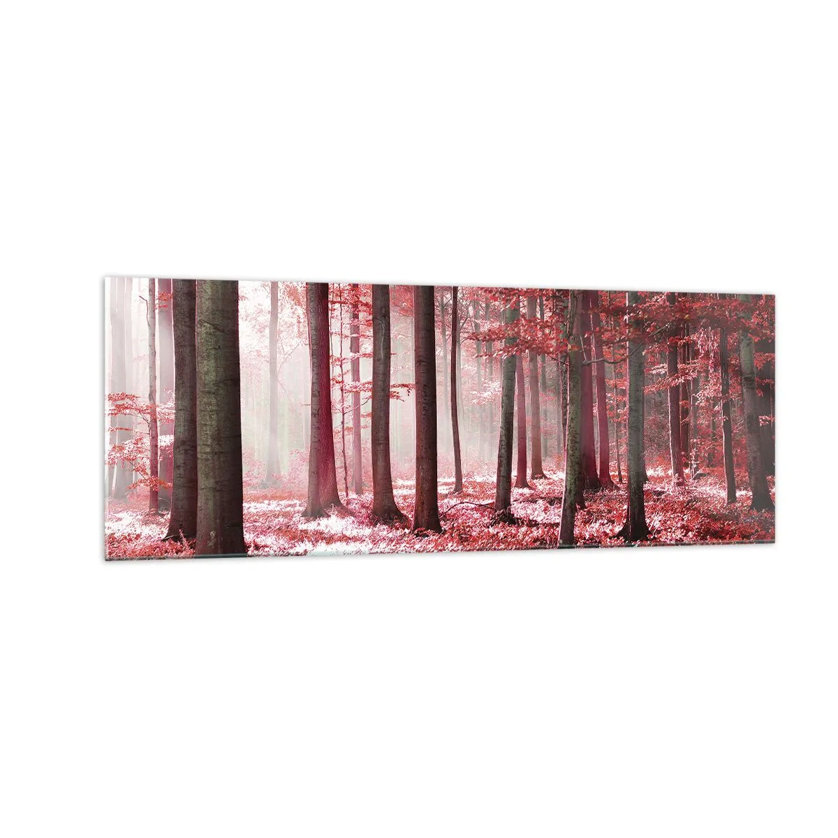 Glasbild - Bild auf glas - Ein atemberaubender Wald in roten Farbtönen mit Lichtstrahlen, die durch die Bäume dringen - 140x50cm - Rot ist genauso schön - Moderne Wanddekoration für Wohnzimmer und Schlafzimmer ARTTOR