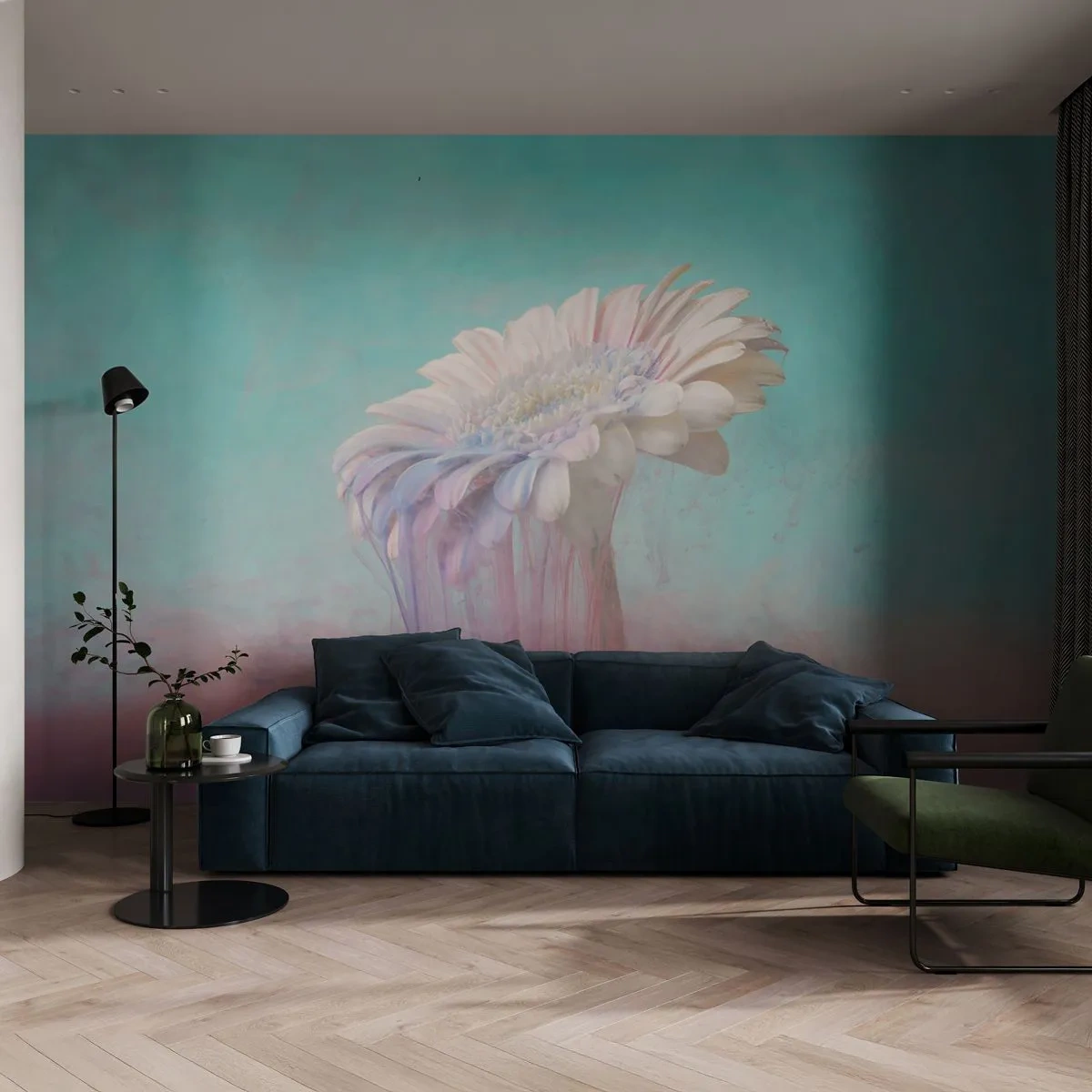Fototapete Premium Sand - Weiße Gerbera in pastellfarbenem Rauch - 100x70cm - Blumenunterwelt - Moderne Wanddekoration für Wohnzimmer und Schlafzimmer ARTTOR