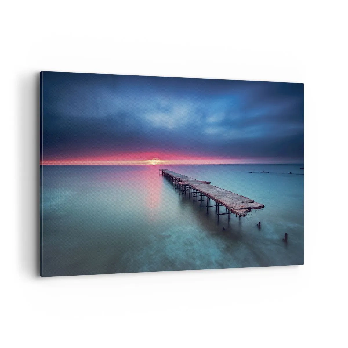 Bild auf Leinwand - Leinwandbild - Ein Holzsteg, der bei Sonnenuntergang direkt aufs Meer hinausführt - 120x80cm - Zwischen Himmel und Erde - Moderne Wanddekoration für Wohnzimmer und Schlafzimmer ARTTOR