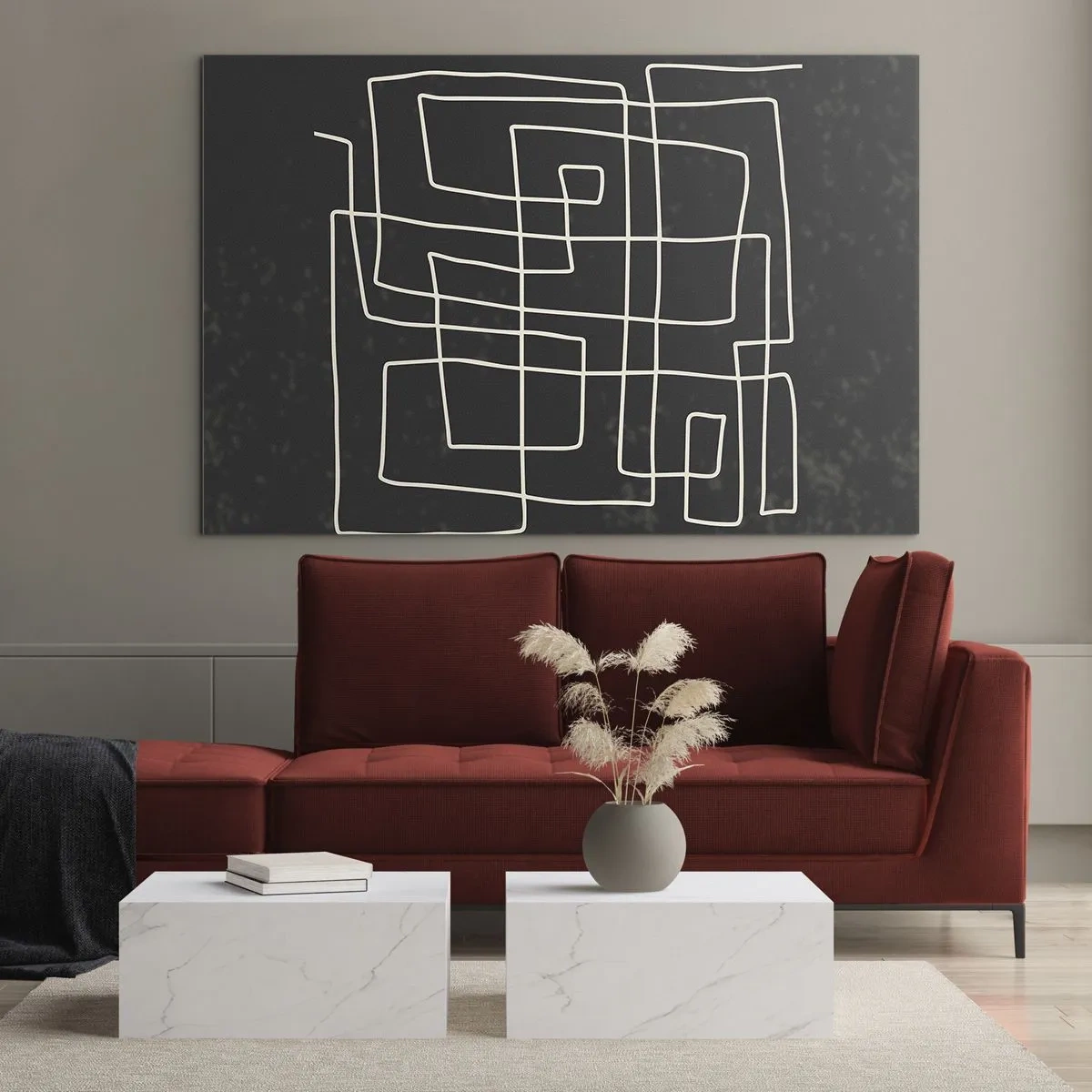 Glasbild - Bild auf glas - Geometrische Abstraktion mit weißen Linien auf schwarzem Hintergrund - 100x70cm - Nicht so einfach - Moderne Wanddekoration für Wohnzimmer und Schlafzimmer ARTTOR