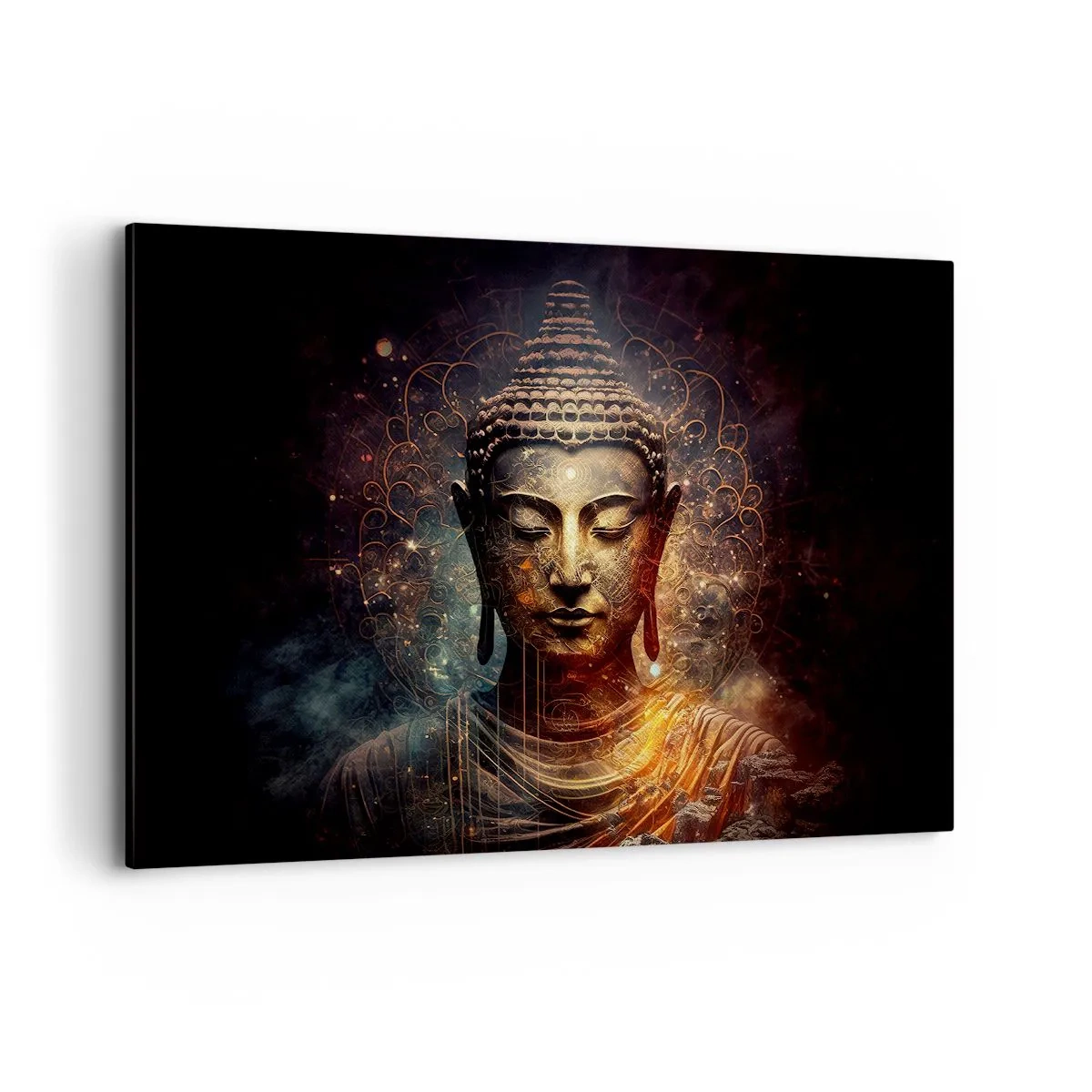 Bild auf Leinwand - Leinwandbild - Goldener Buddha auf dunklem Hintergrund mit Ornamenten - 120x80cm - Spirituelles Gleichgewicht - Moderne Wanddekoration für Wohnzimmer und Schlafzimmer ARTTOR