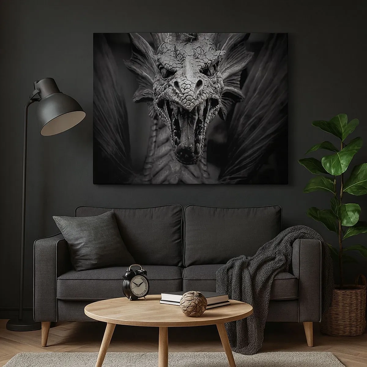 Bild auf Leinwand - Leinwandbild - Ein bedrohlicher Drachenkopf in Schwarz-Weiß mit ausdrucksstarken Details. - 70x50cm - Ein märchenhafter Drache in Grau - Moderne Wanddekoration für Wohnzimmer und Schlafzimmer ARTTOR