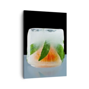 Bild auf Leinwand - Leinwandbild - Eiswürfel mit Orange und Blättern - 50x70cm - Frisch und kühl - Moderne Wanddekoration für Wohnzimmer und Schlafzimmer ARTTOR