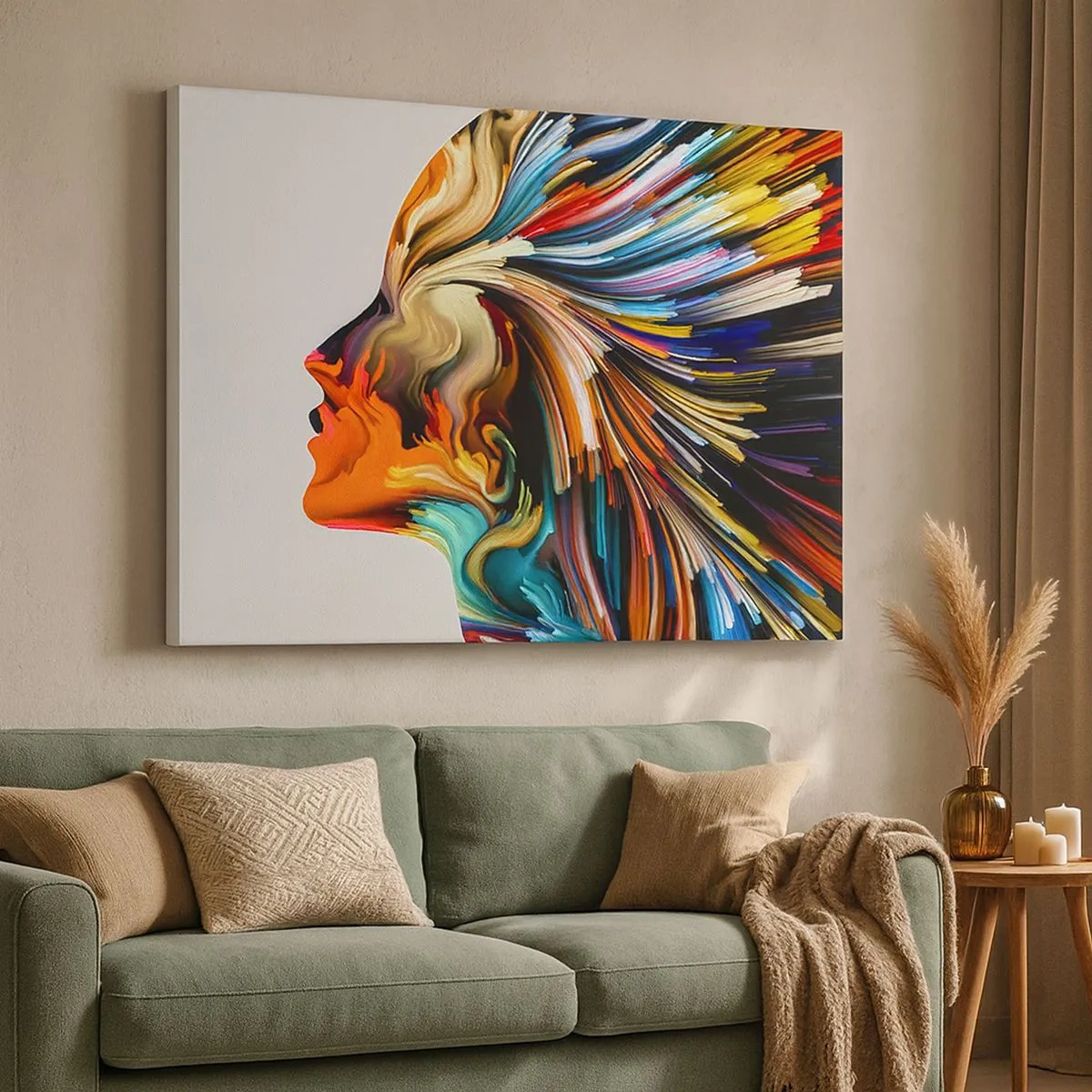 Bild auf Leinwand - Leinwandbild - Abstraktes Gesichtsprofil mit bunten dynamischen Linien. - 70x50cm - Eine Explosion der Fantasie - Moderne Wanddekoration für Wohnzimmer und Schlafzimmer ARTTOR