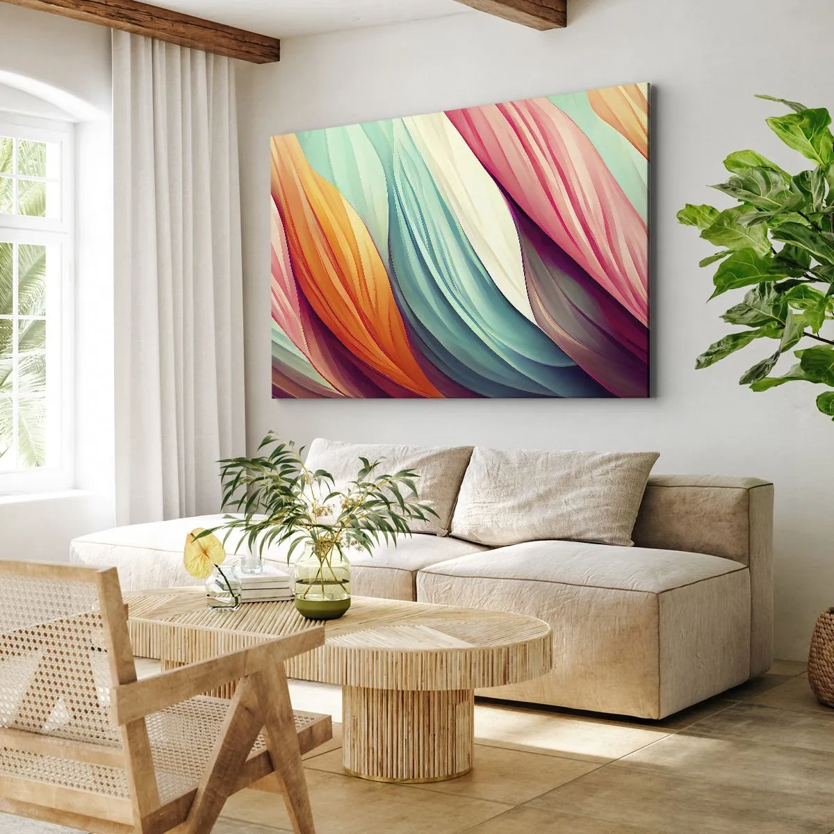 Bild auf Leinwand - Leinwandbild - Abstrakte Linien in Pastell- und leuchtenden Farben - 70x50cm - Regenbogengewebe - Moderne Wanddekoration für Wohnzimmer und Schlafzimmer ARTTOR