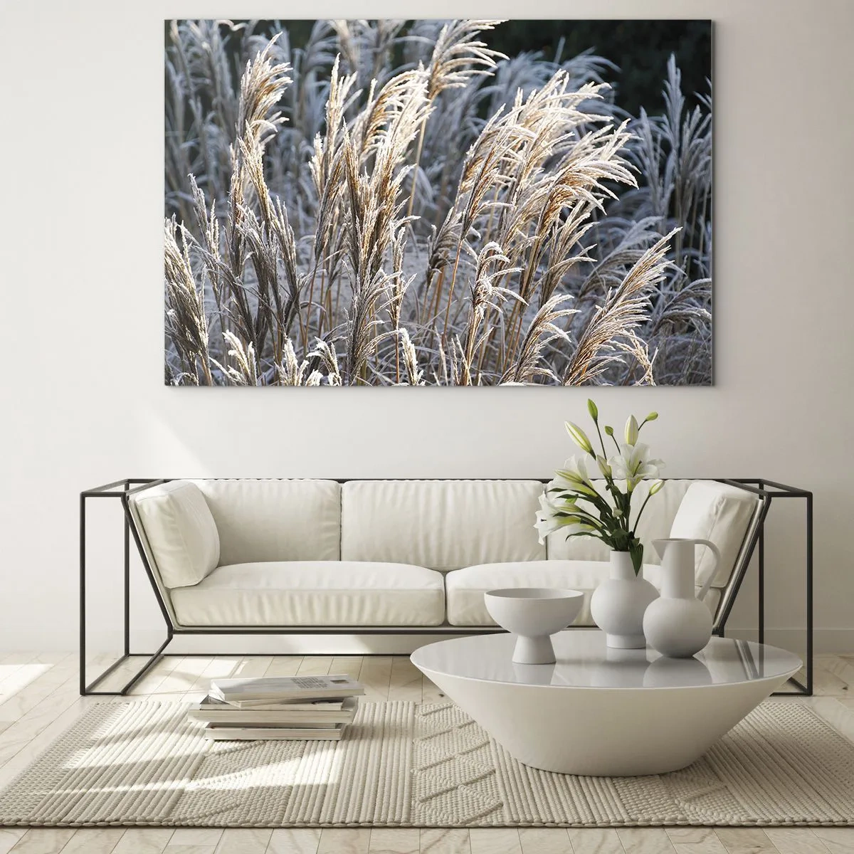 Glasbild - Bild auf glas - Gefrorene Gräser in der Wintersonne - 100x70cm - Gekleidet mit Frost - Moderne Wanddekoration für Wohnzimmer und Schlafzimmer ARTTOR