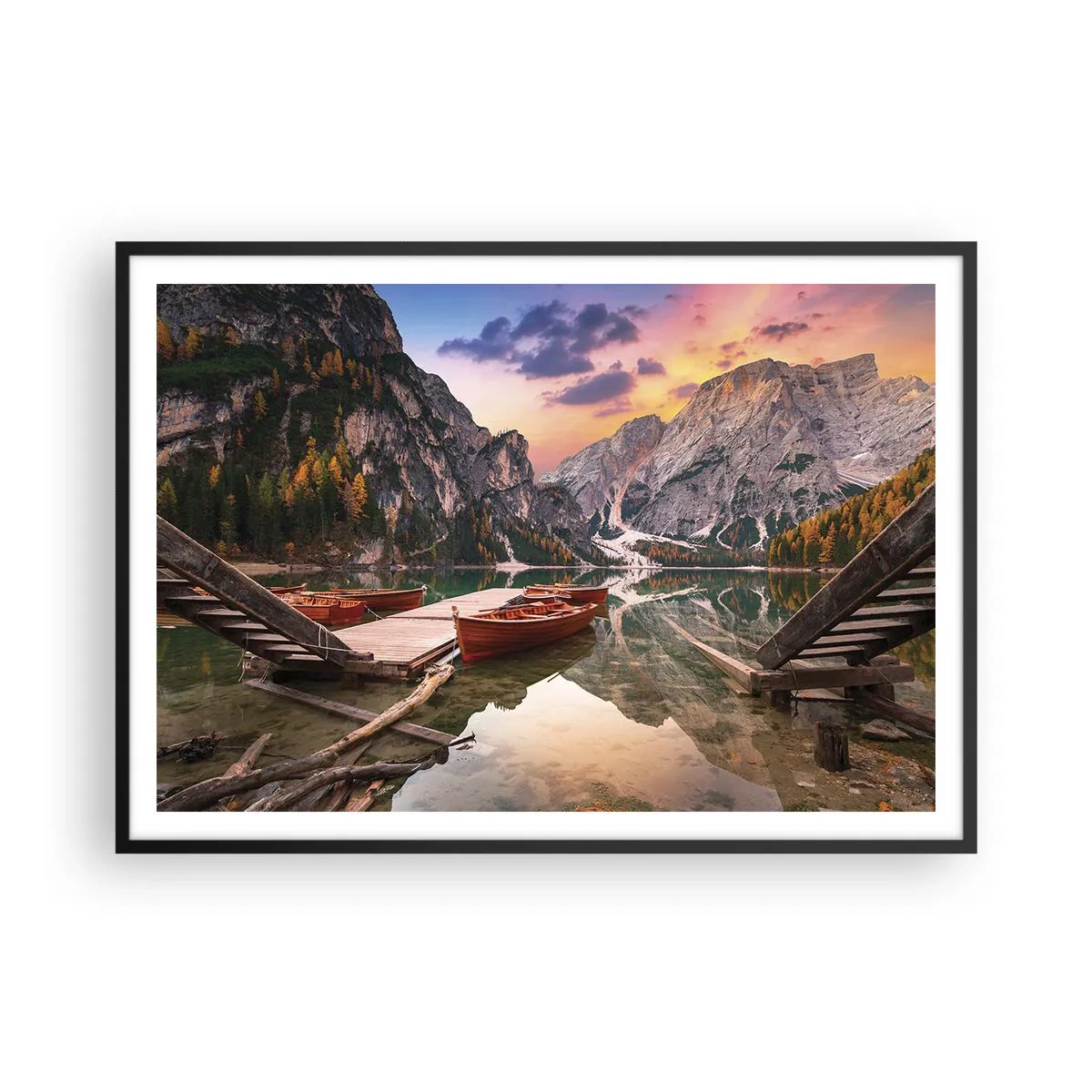 Poster in einem schwarzem Rahmen - Bergsee mit Booten bei Sonnenuntergang - 100x70cm - Versprechen des Tages - Moderne Wanddekoration für Wohnzimmer und Schlafzimmer ARTTOR