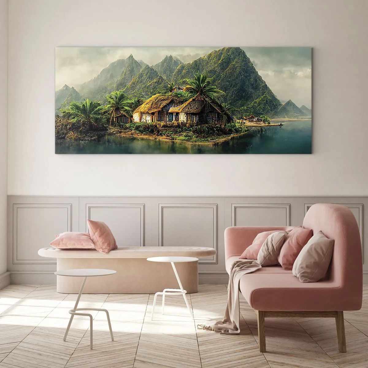 Glasbild - Bild auf glas - Eine tropische Insel mit Palmen und Bergen im Hintergrund - 120x50cm - Tropisches Paradies - Moderne Wanddekoration für Wohnzimmer und Schlafzimmer ARTTOR