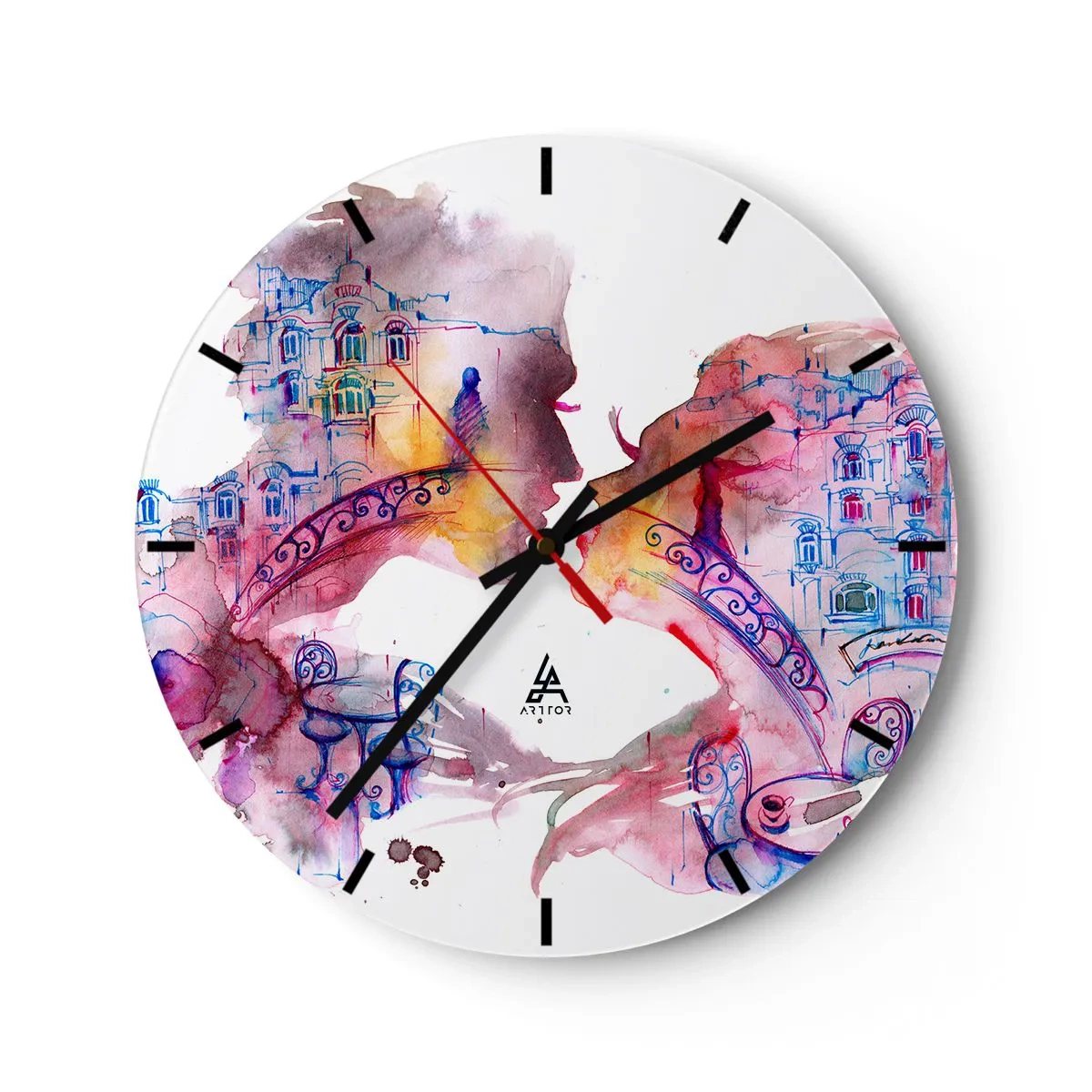 Wanduhr - Glasuhr - Bunte Grafik mit einer Brücke und Architektur im Hintergrund - 30x30cm - Die geheime Seufzerbrücke - Moderne Wanddekoration für Wohnzimmer, Küche und Schlafzimmer ARTTOR