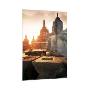 Glasbild - Bild auf glas - Eine von der untergehenden Sonne beleuchtete Buddha-Statue in einem alten Tempelkomplex - 50x70cm - Wetter der großen Weisheit - Moderne Wanddekoration für Wohnzimmer und Schlafzimmer ARTTOR