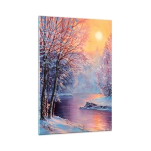 Glasbild - Bild auf glas - Winterlandschaft mit Fluss und Bäumen bei Sonnenaufgang - 80x120cm - Die Farben des Winters - Moderne Wanddekoration für Wohnzimmer und Schlafzimmer ARTTOR