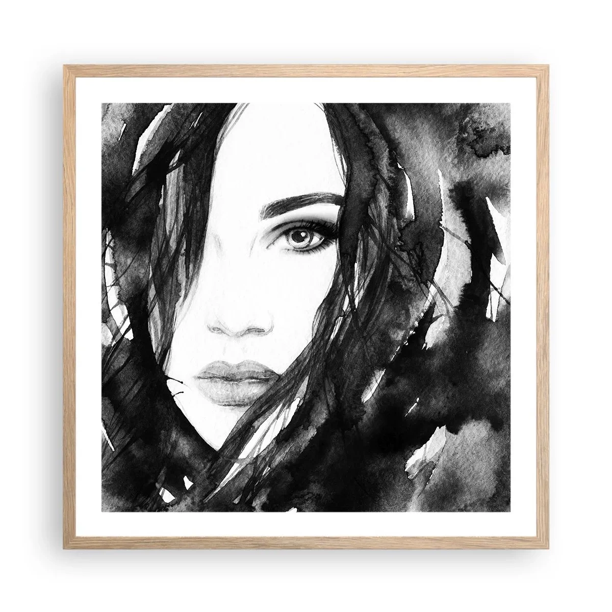 Poster in einem Rahmen aus heller Eiche - Porträt einer Dame in Schwarzweiß - 60x60 cm