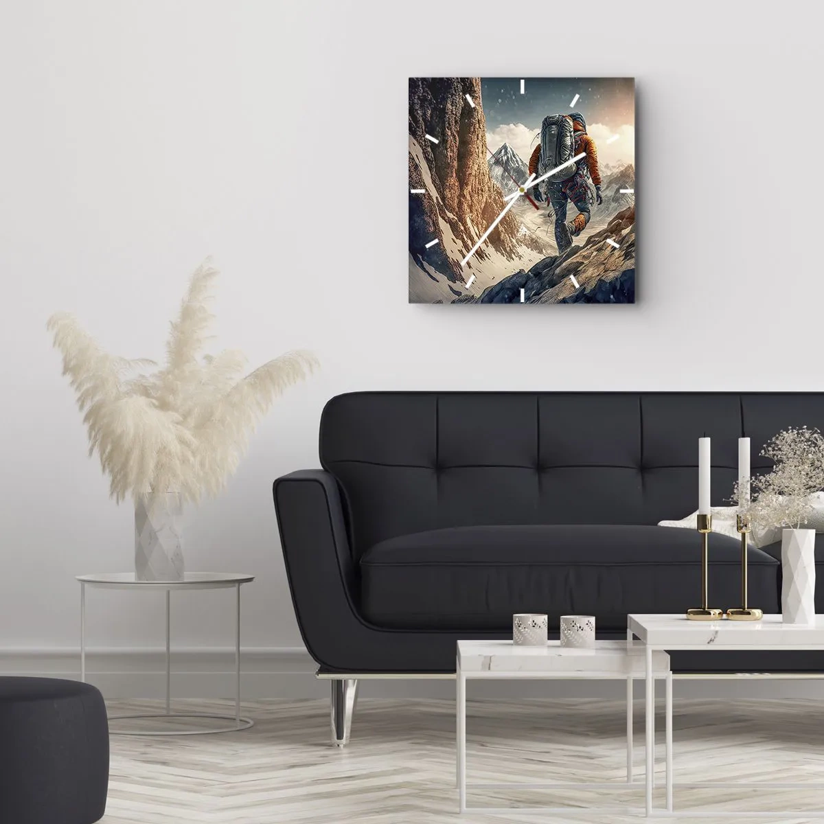 Wanduhr - Glasuhr - Ein Bergsteiger auf einem Bergpfad in einer Winterlandschaft - 30x30cm - Einsamer Krieger - Moderne Wanddekoration für Wohnzimmer und Schlafzimmer ARTTOR