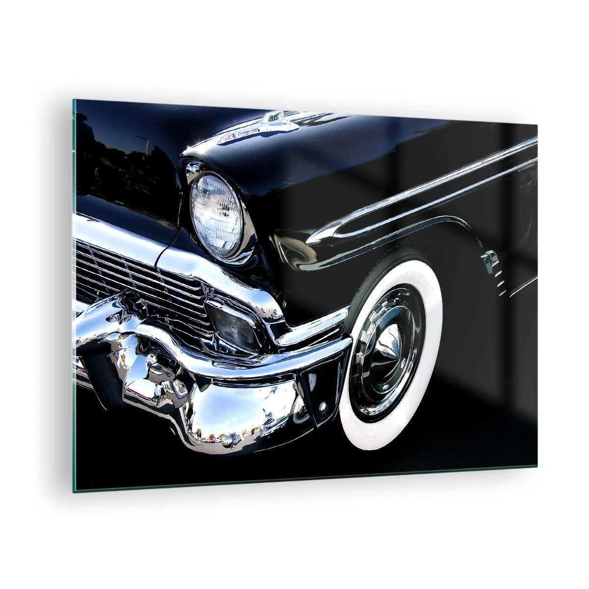 Glasbild - Bild auf glas - Nahaufnahme eines schwarzen Oldtimers mit Chromdetails - 70x50cm - Klassiker in Silber, Schwarz und Weiß - Moderne Wanddekoration für Wohnzimmer und Schlafzimmer ARTTOR