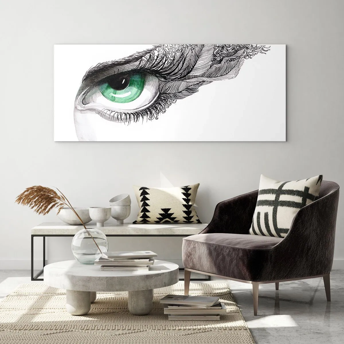 Glasbild - Bild auf glas - Künstlerisches Auge mit grüner Iris und Zeichnungsdetails - 120x50cm - Schön und bereit zum Angriff - Moderne Wanddekoration für Wohnzimmer und Schlafzimmer ARTTOR