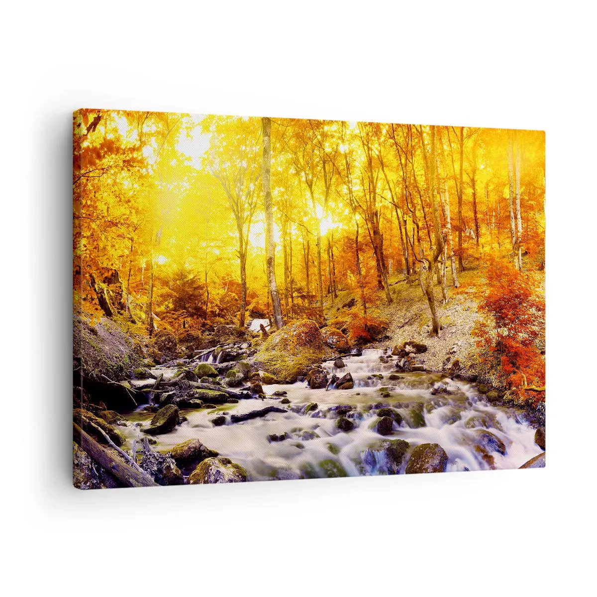 Bild auf Leinwand - Leinwandbild - Herbstwald mit einem Bach zwischen goldenen Blättern - 70x50cm - In Gold und Platin gefasste Steine - Moderne Wanddekoration für Wohnzimmer und Schlafzimmer ARTTOR
