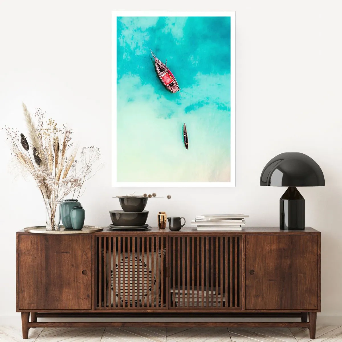 Poster - Boote auf türkisfarbenem Wasser aus der Vogelperspektive - 50x70cm - Denn an den Stränden von Sansibar, wenn der Wasserüberschuss ... - Moderne Wanddekoration für Wohnzimmer und Schlafzimmer ARTTOR