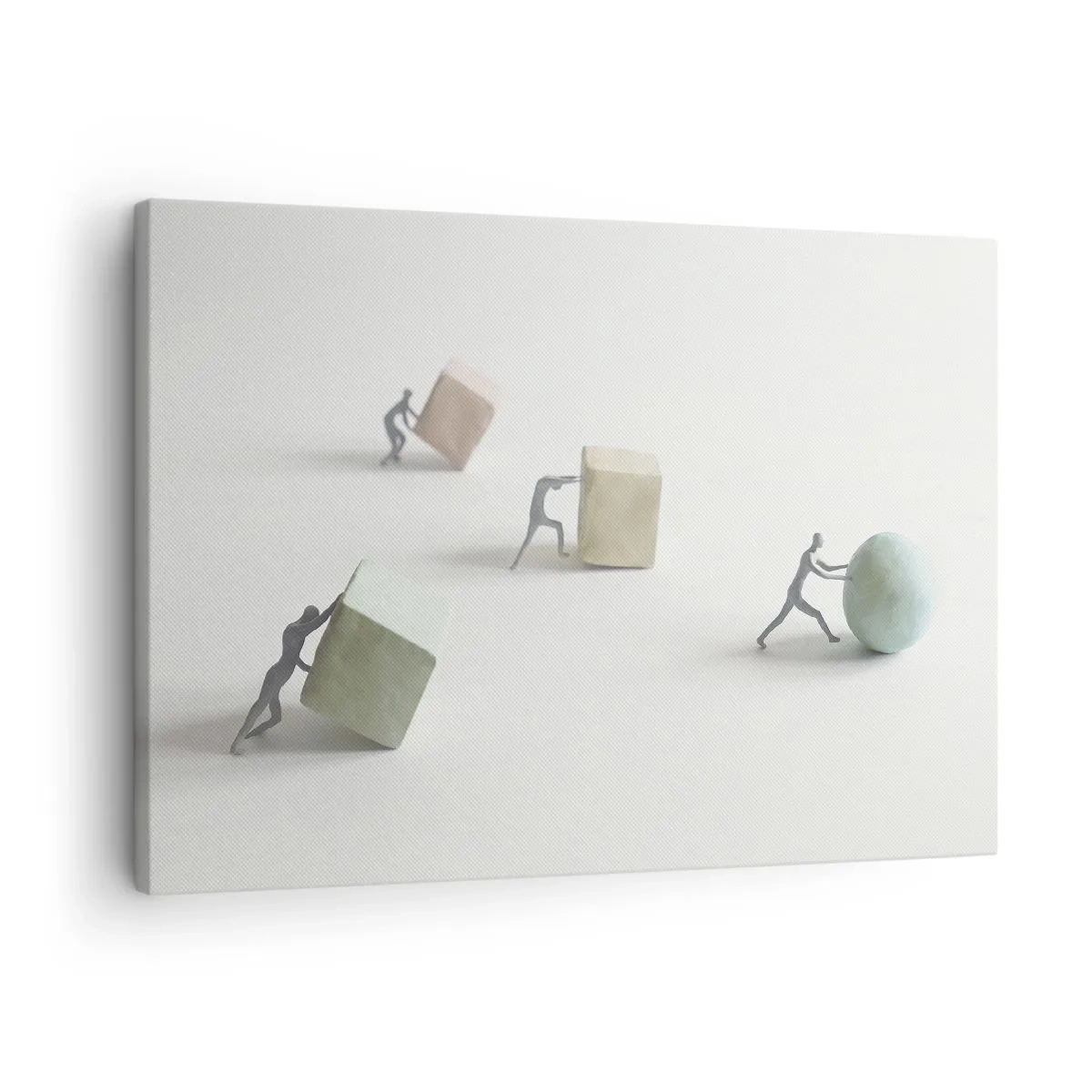 Bild auf Leinwand - Leinwandbild - Miniaturfiguren, die Formen vor einem hellen Hintergrund schieben - 70x50cm - Pures Leben - Moderne Wanddekoration für Wohnzimmer und Schlafzimmer ARTTOR