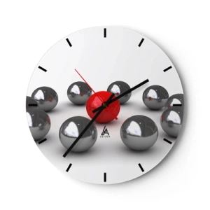 Wanduhr - Glasuhr - Rote und silberne Kugeln auf weißem Hintergrund, ein minimalistisches Muster - 30x30cm - Ein Kreis in Silber und Rot - Moderne Wanddekoration für Wohnzimmer, Küche und Schlafzimmer ARTTOR