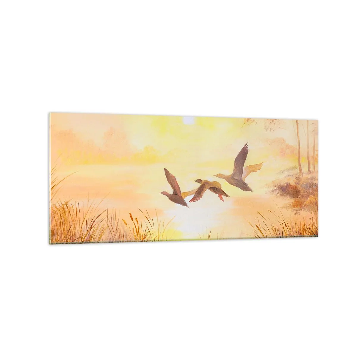 Glasbild - Bild auf glas - Enten fliegen bei Sonnenaufgang über den See - 120x50cm - Der Beginn einer langen Reise - Moderne Wanddekoration für Wohnzimmer und Schlafzimmer ARTTOR