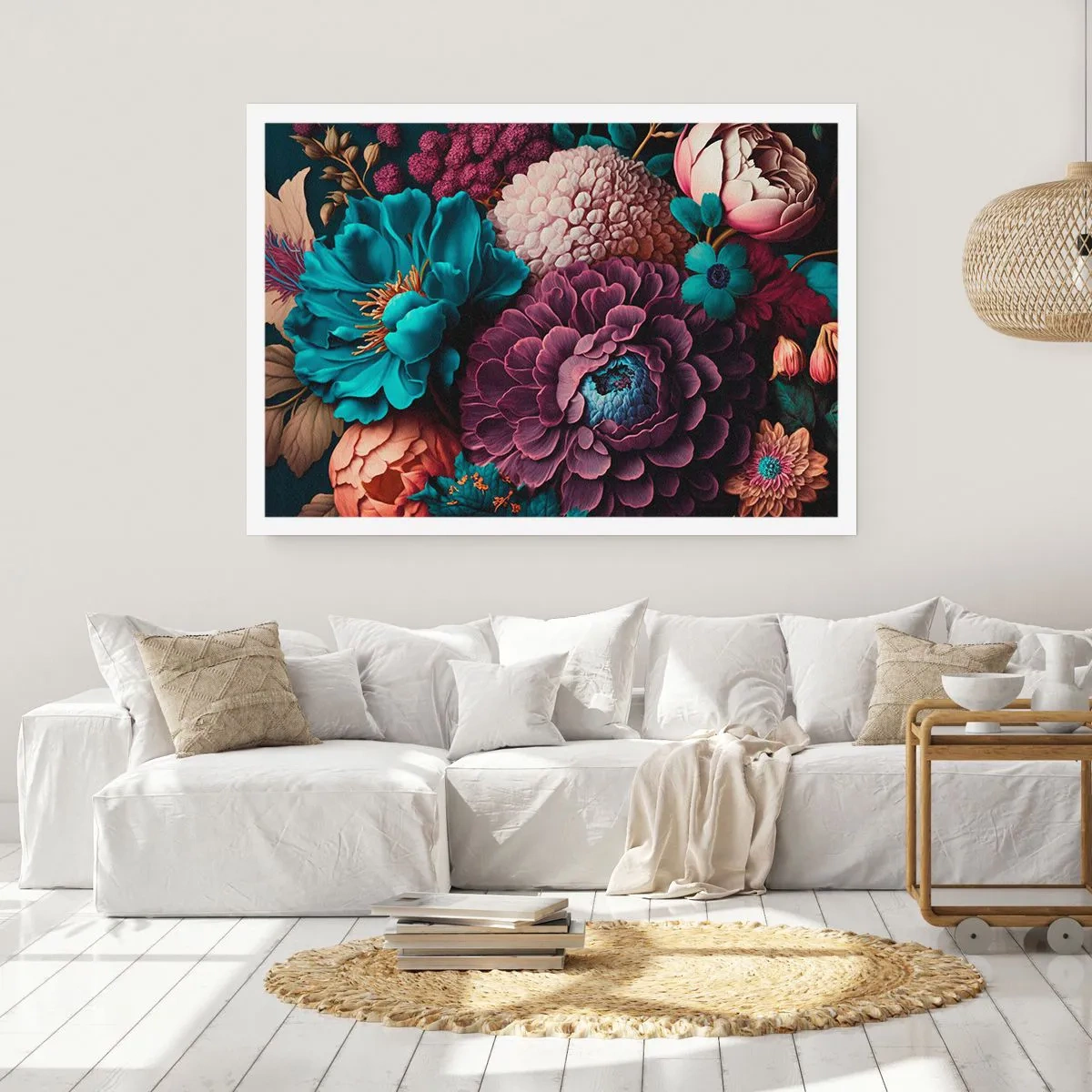 Poster - Ein Blumenstrauß in intensiven Farben auf dunklem Hintergrund - 100x70cm - Natur in Hülle und Fülle - Moderne Wanddekoration für Wohnzimmer und Schlafzimmer ARTTOR