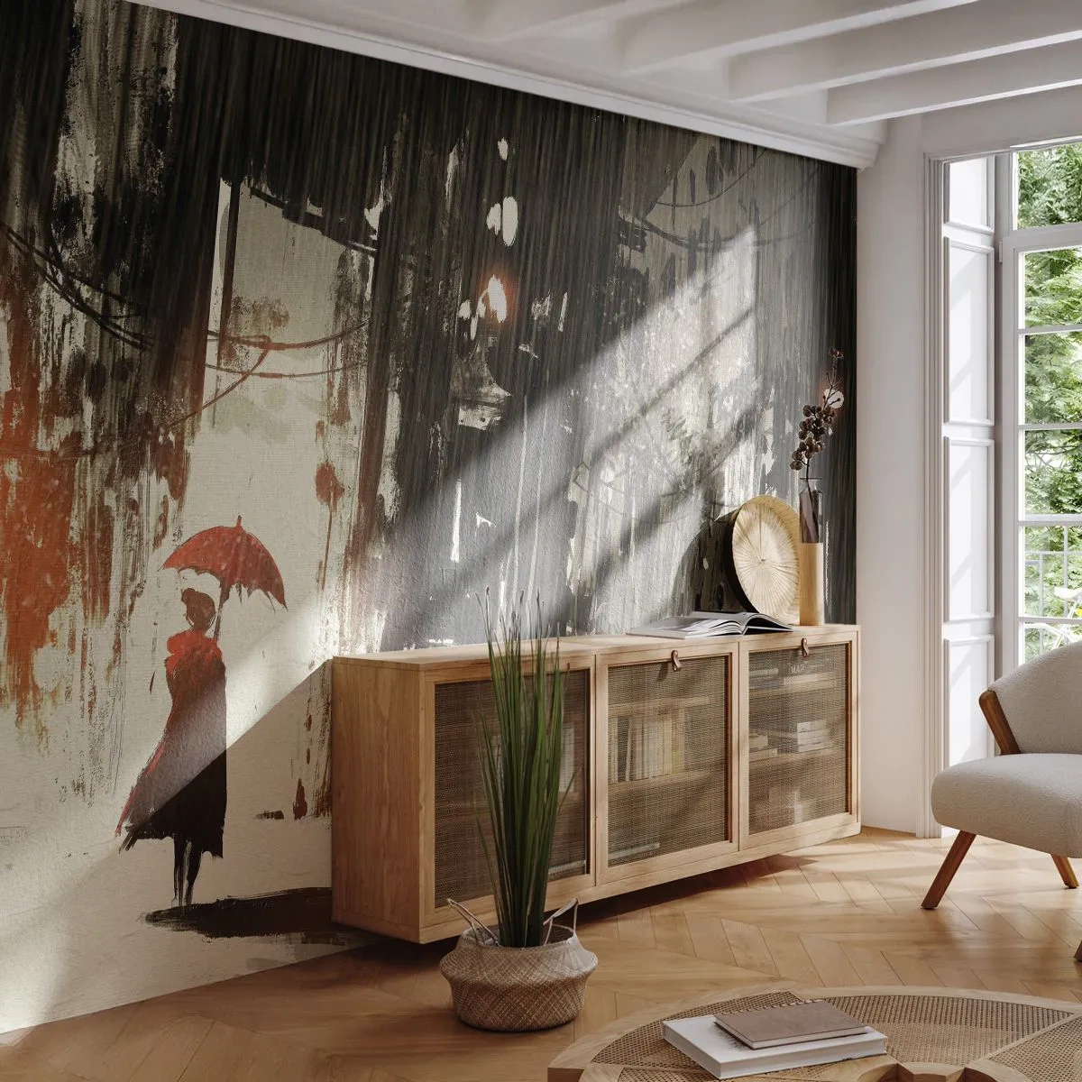 Fototapete Standard Eco - Frau mit rotem Regenschirm in einer verregneten Stadt - 100x70cm - Die Poesie des roten Regenschirms - Moderne Wanddekoration für Wohnzimmer und Schlafzimmer ARTTOR