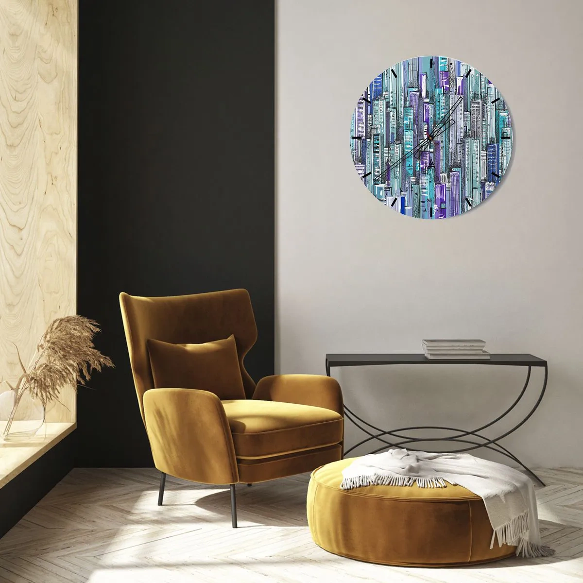 Wanduhr - Glasuhr - Grafische Wolkenkratzer in Blau- und Lilatönen - 30x30cm - Bläulich von dem Himmel - Moderne Wanddekoration für Wohnzimmer, Küche und Schlafzimmer ARTTOR