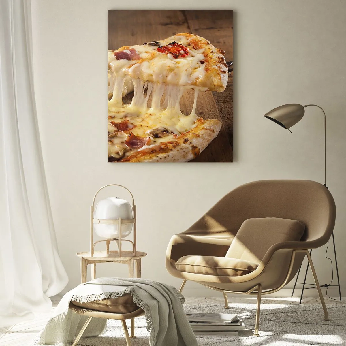 Glasbild - Bild auf glas - Pizza mit faserigem Käse, Tomaten und Schinken auf Holzuntergrund - 50x70cm - Ein Meisterwerk der italienischen Kunst - Moderne Wanddekoration für Wohnzimmer und Schlafzimmer ARTTOR