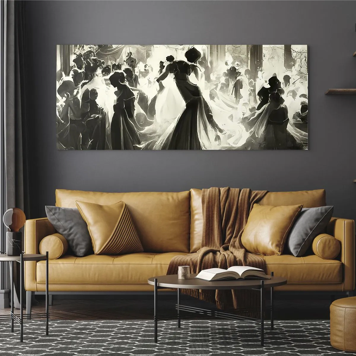 Glasbild - Bild auf glas - Ball im Retro-Stil in Schwarz und Weiß - 160x50cm - Die große Maskerade - Moderne Wanddekoration für Wohnzimmer und Schlafzimmer ARTTOR