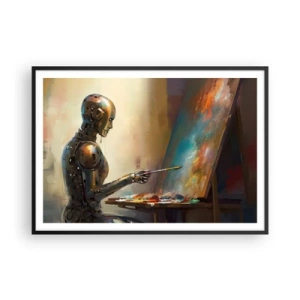 Poster in einem schwarzem Rahmen - Ein Roboter, der im künstlerischen Stil auf einer Leinwand malt - 100x70cm - Die Kunst der Zukunft - Moderne Wanddekoration für Wohnzimmer und Schlafzimmer ARTTOR