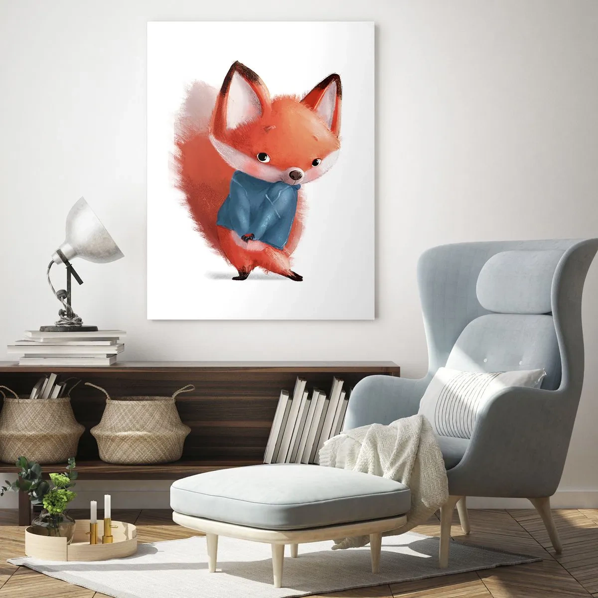 Glasbild - Bild auf glas - Ein süßer Fuchs im blauen Anzug - 70x100cm - Steht mir das gut? - Moderne Wanddekoration für Wohnzimmer und Schlafzimmer ARTTOR