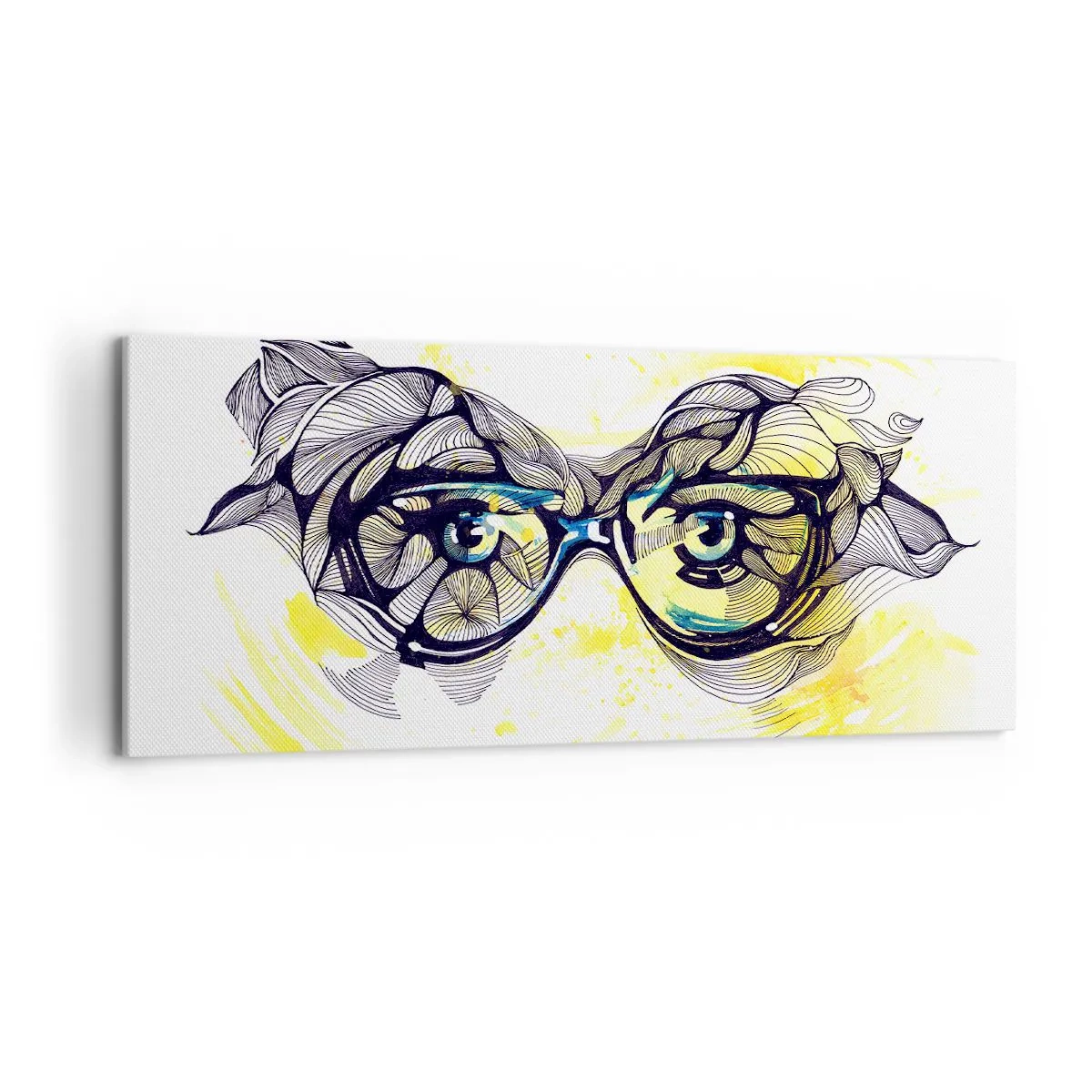 Bild auf Leinwand - Leinwandbild - Künstlerische Grafik einer Brille mit ausdrucksstarken Augen - 120x50cm - Durch blaue Brille - Moderne Wanddekoration für Wohnzimmer und Schlafzimmer ARTTOR