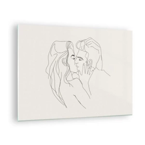 Glasbild - Bild auf glas - Ein sinnlicher Kuss eines Paares in der Konturlinie - 70x50cm - Verstrickt im Gefühl - Moderne Wanddekoration für Wohnzimmer und Schlafzimmer ARTTOR