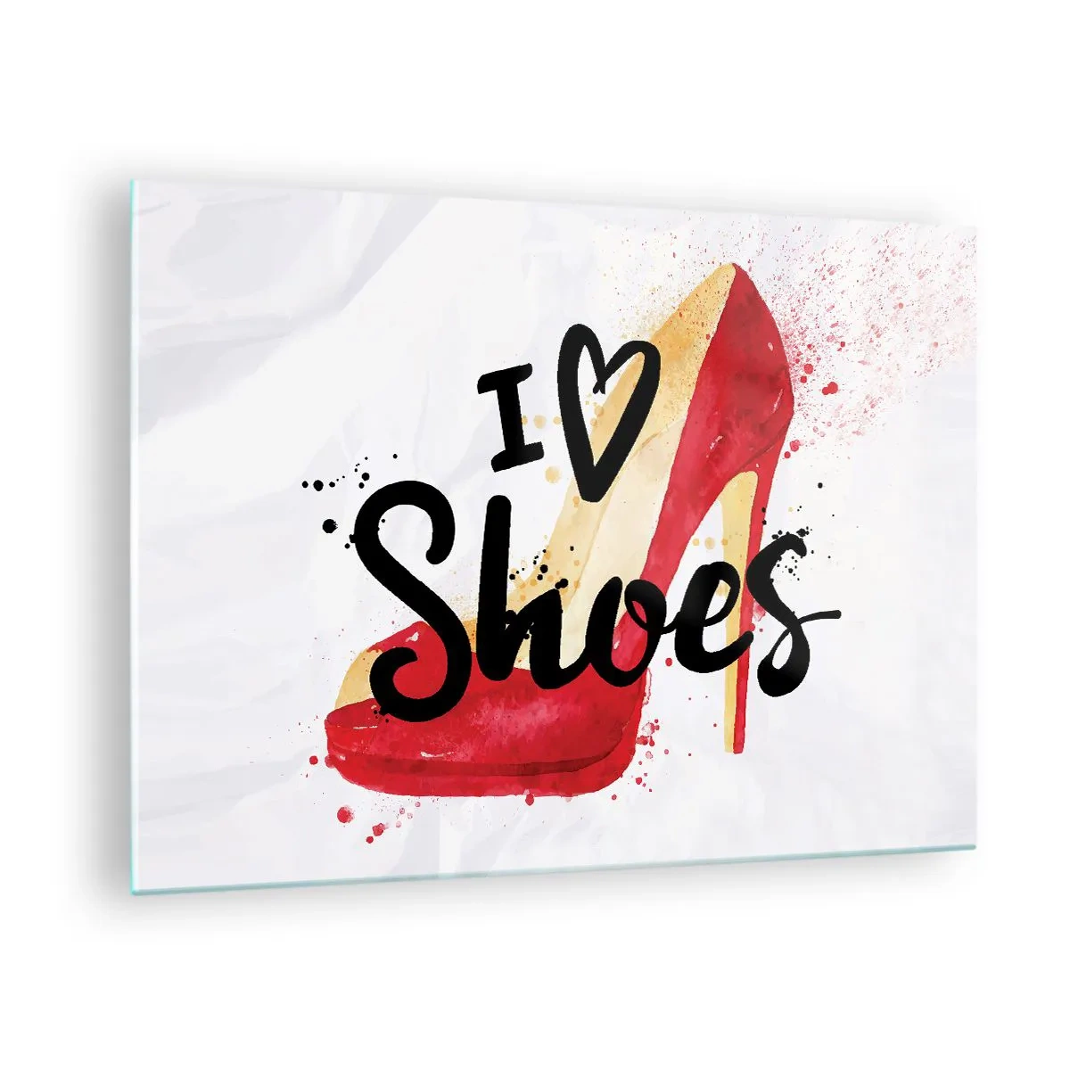 Glasbild - Bild auf glas - Ein roter High Heel und die Worte „I love shoes“ auf hellem Hintergrund - 70x50cm - Liebe hat viele Namen - Moderne Wanddekoration für Wohnzimmer und Schlafzimmer ARTTOR