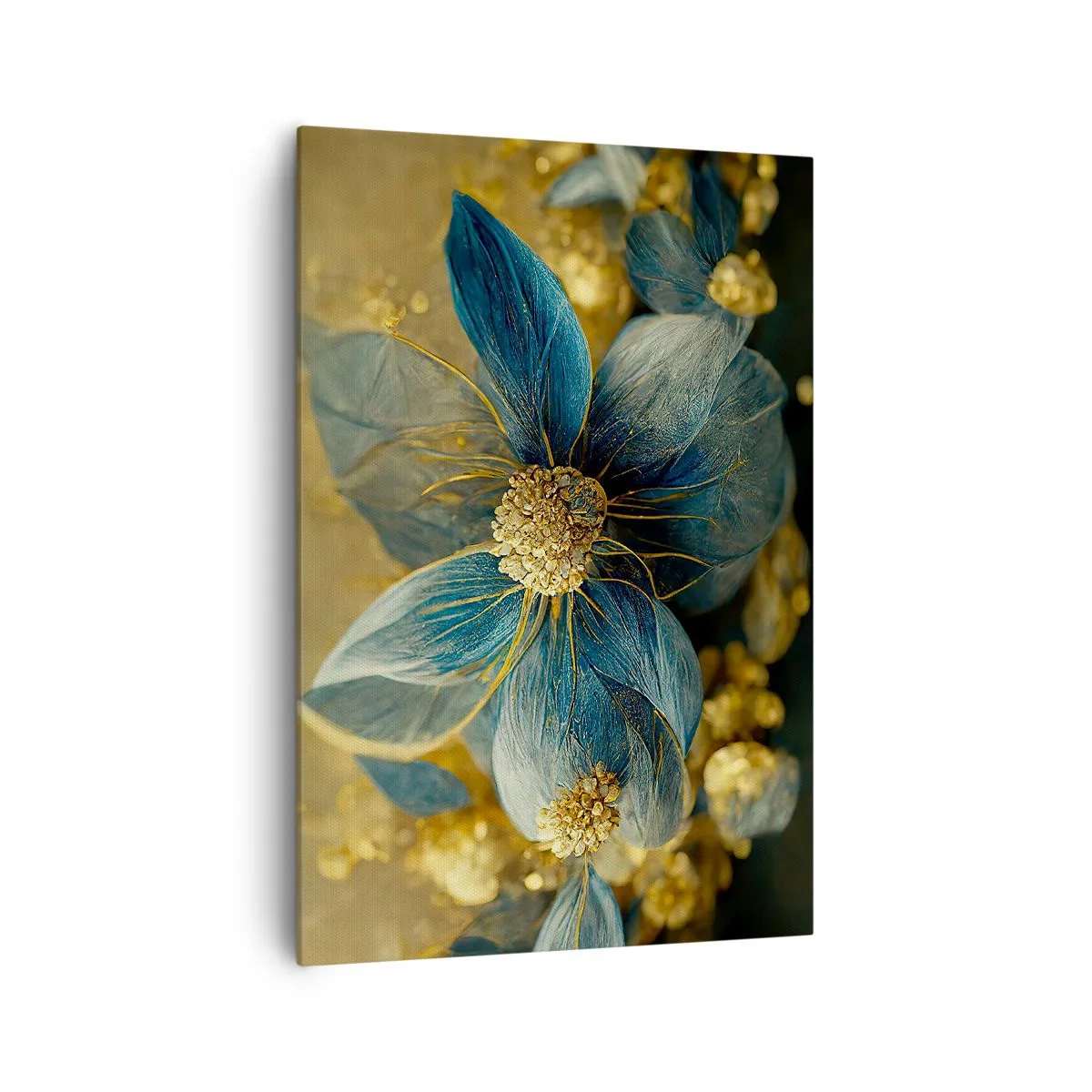 Bild auf Leinwand - Leinwandbild - Elegante Blumen in Blau- und Goldtönen - 70x100cm - Mit Gold blühen - Moderne Wanddekoration für Wohnzimmer und Schlafzimmer ARTTOR