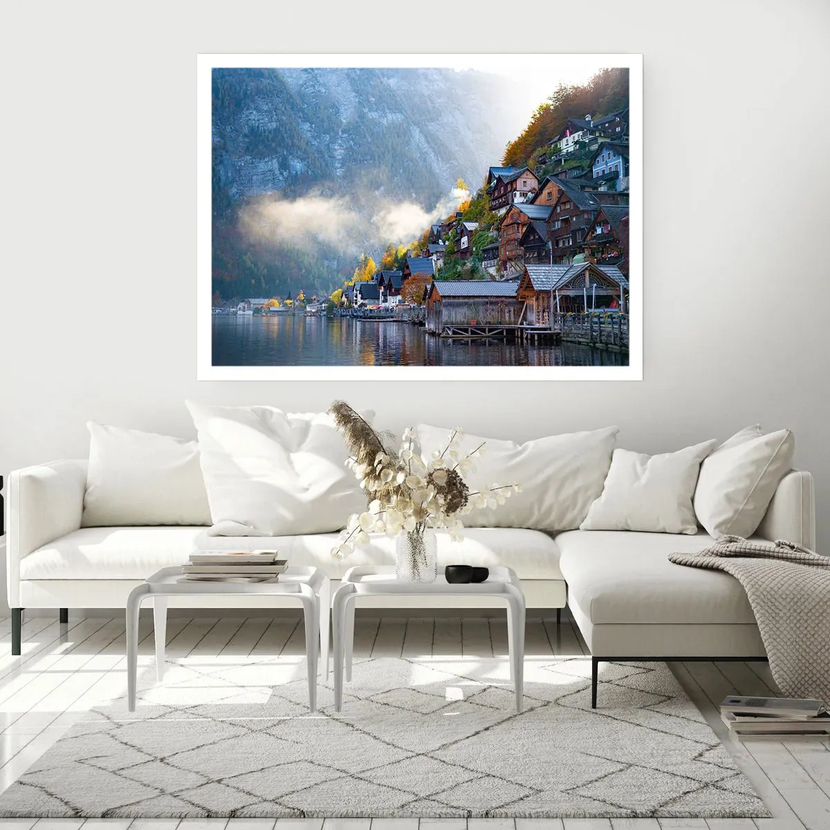 Poster - Ein Bergdorf an einem See in herbstlicher Landschaft - 100x70cm - Alpenatmosphäre - Moderne Wanddekoration für Wohnzimmer und Schlafzimmer ARTTOR